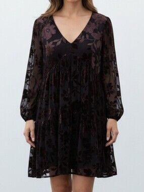 Taylor Velvet Floral V-Neck Babydoll Dress in Deep Plum